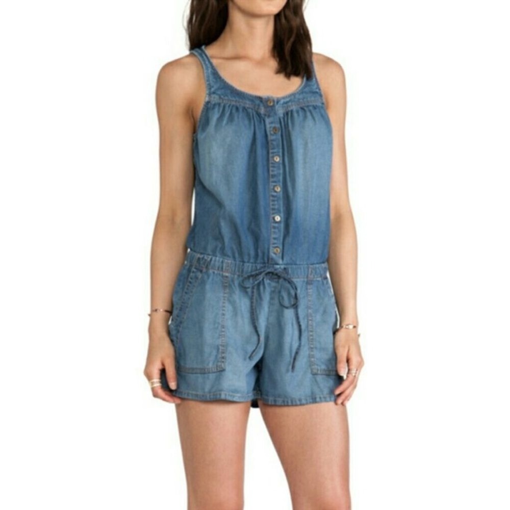 Current/Elliott Women's 1 Blue The Ruby Romper Chambray Button Front Sleeveless